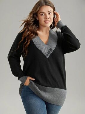 BloomChic Black & Gray Supersoft Essentials Contrast Deep V Pullover Sweater